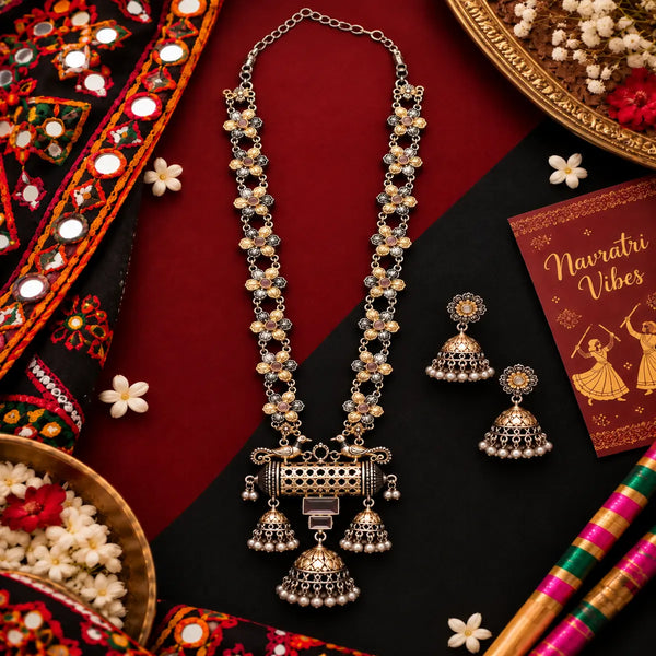 German silver 2 tone fusion necklace set with antique oxidised pendant and matching Jhumka earrings for women