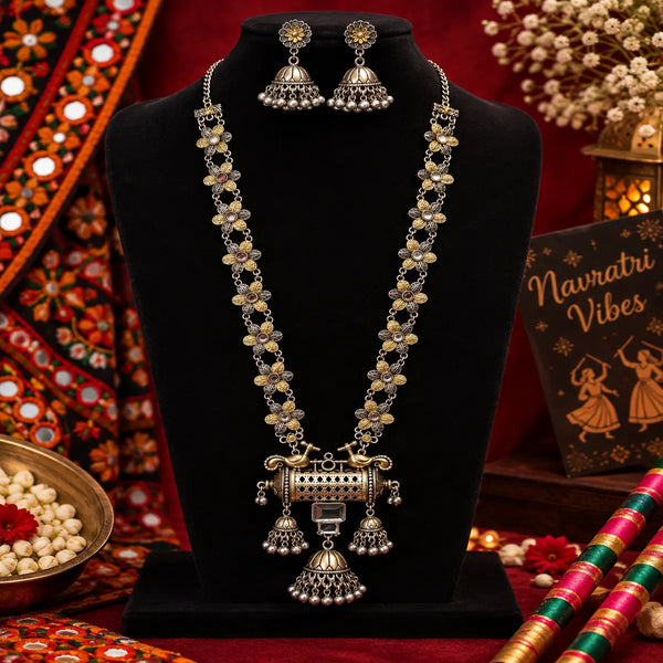 German silver 2 tone fusion necklace set with antique oxidised pendant and matching Jhumka earrings for women