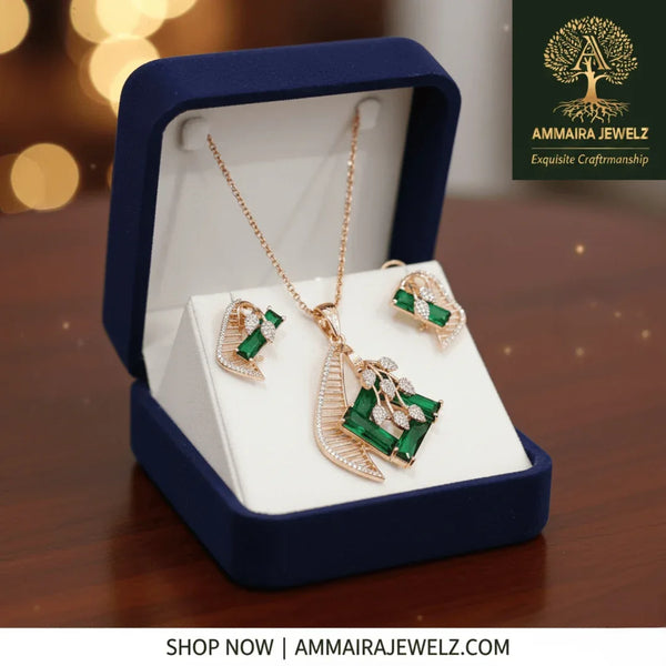 AMMAIRA"S The Emerald Leaf Set: Geometric Pendant & Coordinating Earrings in Rose Gold - Ammaira Jewelz