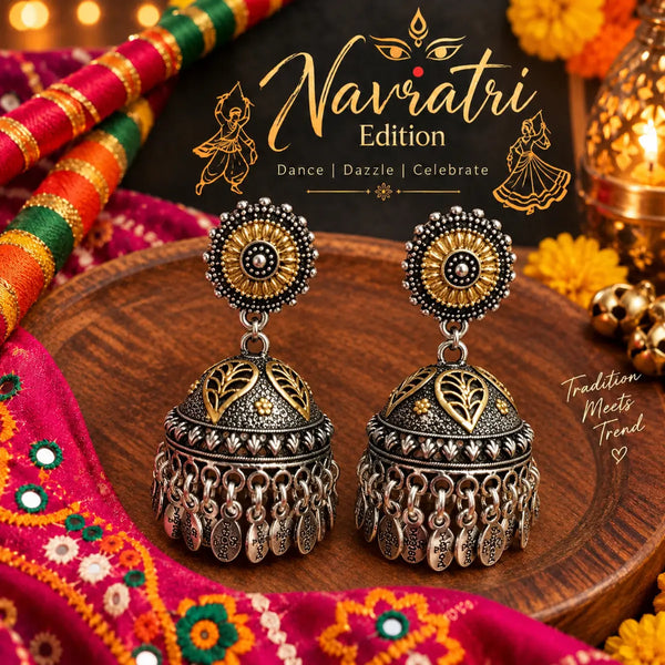 Aaradhya two-tone fusion mirror work oxidised alloy jhumka earrings for women, styled for Navratri festive wear.