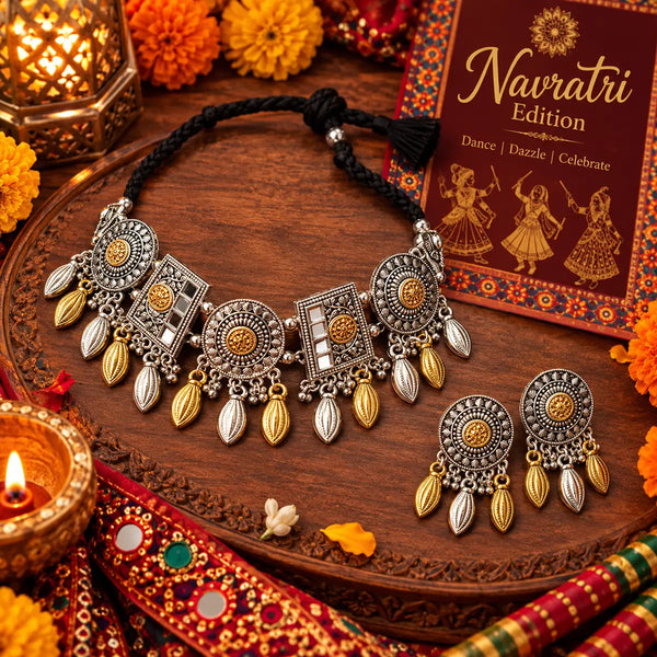 Aaranya Leaflight alloy oxidised 2-tone fusion necklace set with leaf-inspired hanging details and matching earrings for women