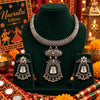 Aarohi oxidized German silver hasli necklace set with mirror work, dark green accents and matching earrings for Navratri festive wear.