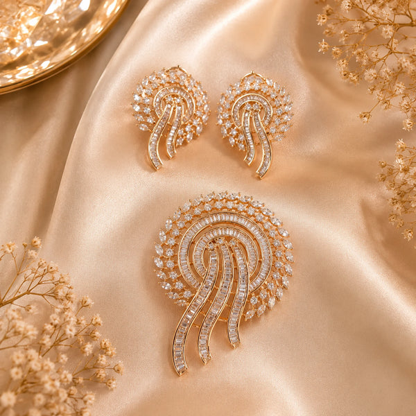 Luxury American Diamond pendant set without chain featuring a cascading circular design with matching gold finish earrings.
