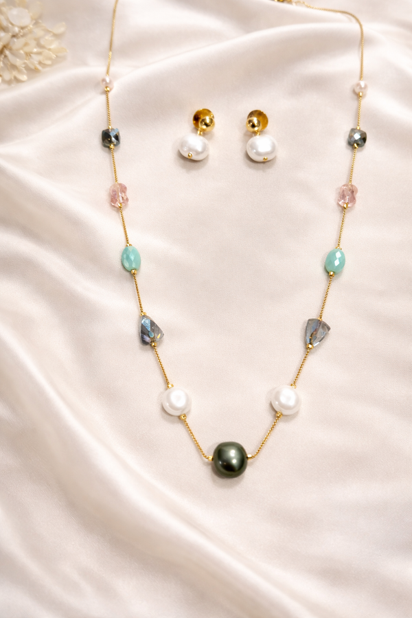 Ammaira Aurora Luxe Gold Crystal & Pearl Mala Set with Earrings