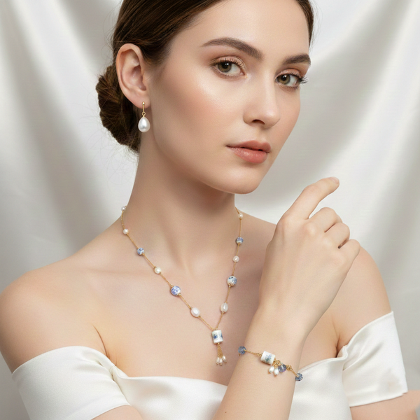 Ammaira Azure Bloom Luxe Gold Mala Set with Bracelet & Earrings