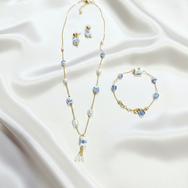 Ammaira Azure Bloom Luxe Gold Mala Set with Bracelet & Earrings