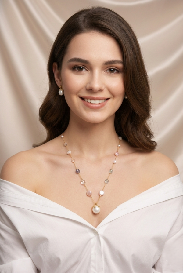 Ammaira Blush Pearl Luxe Gold Crystal Mala Set with Earrings