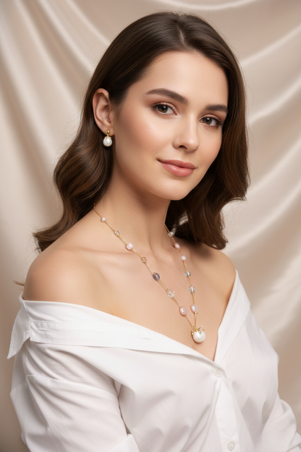 Ammaira Blush Pearl Luxe Gold Crystal Mala Set with Earrings