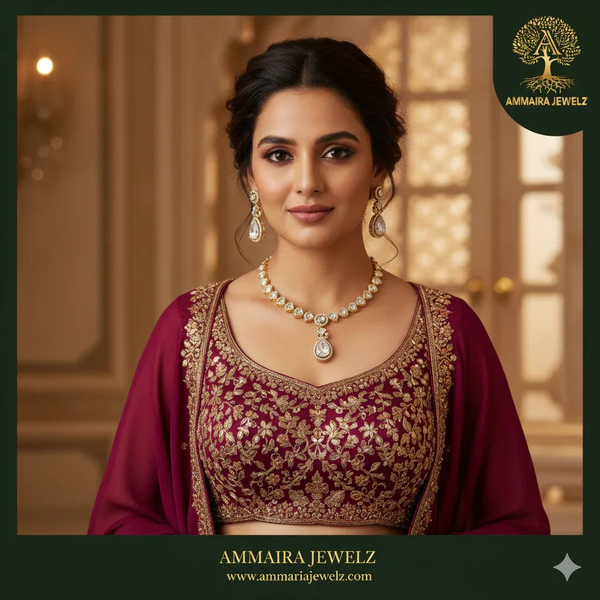 Ammaira's Regal Pear-Drop Polki & Crystal Necklace Set - Ammaira Jewelz