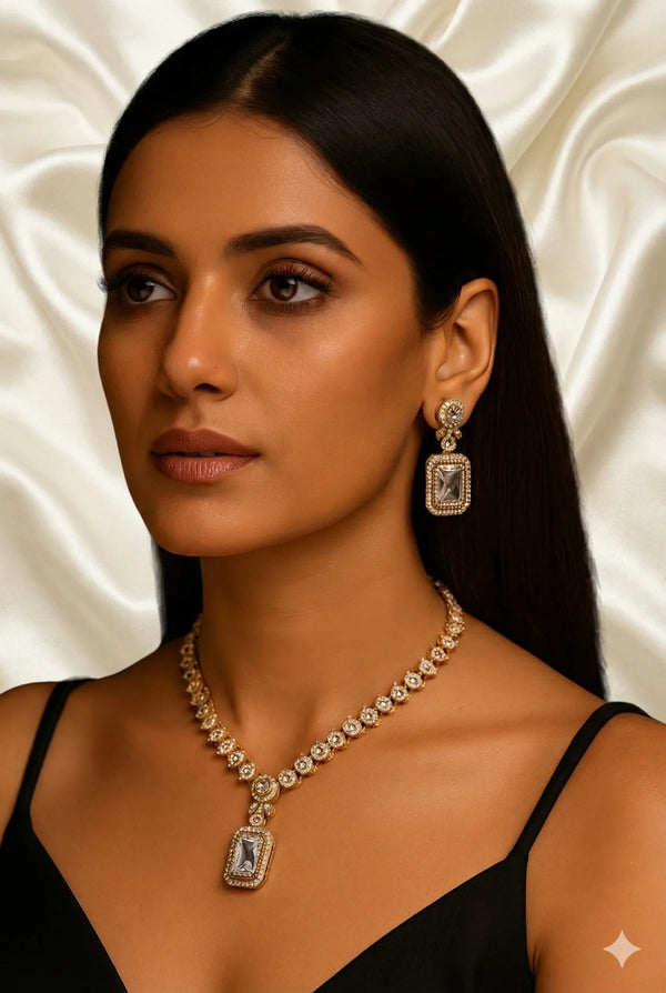Ammaira's Timeless Emerald-Cut Solitaire & Polki Motif Necklace Set - Ammaira Jewelz