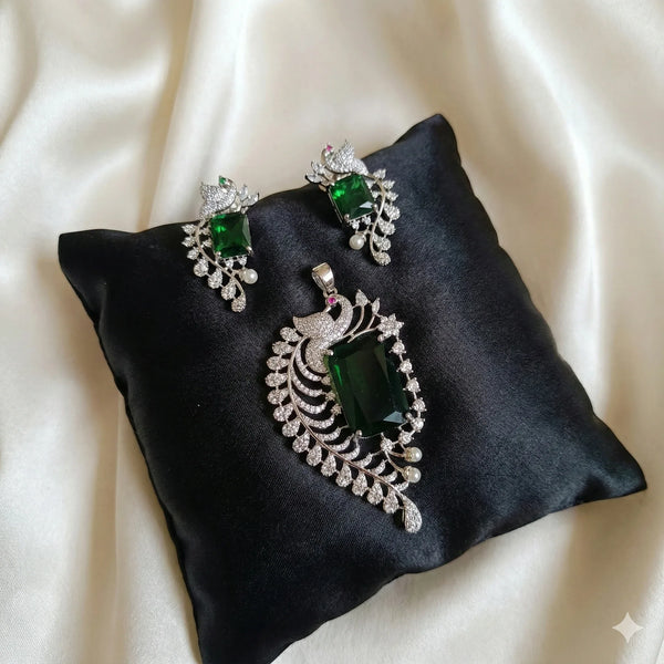 Ammaira’s Graceful Peacock Motif Silver Plated AAA AD Zirconia Pendant Set - Ammaira Jewelz