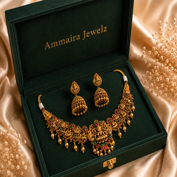 Antique Lakshmi temple jewelry necklace set with traditional jhumka earrings, ruby and emerald stones, and pearl danglings in South Indian bridal style