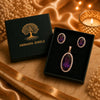 18K rose gold polish oval doublet stone pendant set with matching stud earrings surrounded by high-quality American Diamonds (CZ) for women