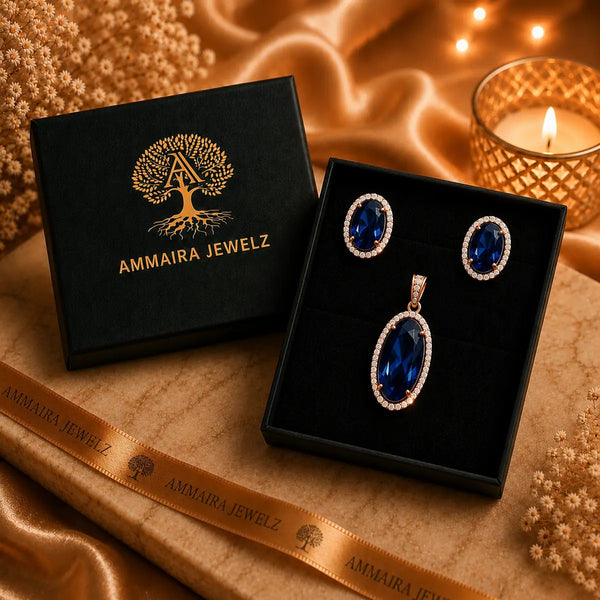 18K rose gold polish oval doublet stone pendant set with matching stud earrings surrounded by high-quality American Diamonds (CZ) for women