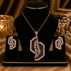 Rose gold Cubic Zirconia pendant set with matching geometric fan-inspired earrings, intricate openwork detailing and sparkling clear stones by Ammaira Jewelz.