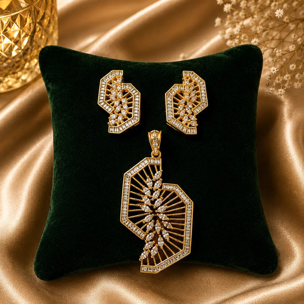 Rose gold Cubic Zirconia pendant set with matching geometric fan-inspired earrings, intricate openwork detailing and sparkling clear stones by Ammaira Jewelz.
