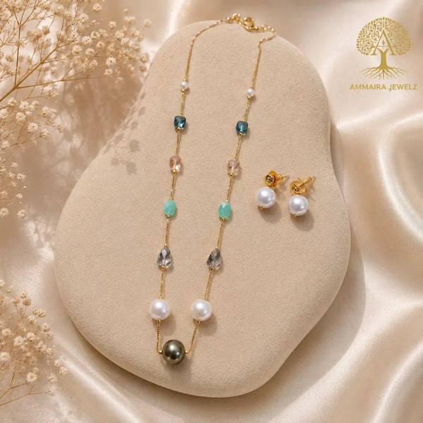 Aurora Luxe Gold Crystal & Pearl Mala Set with Earrings