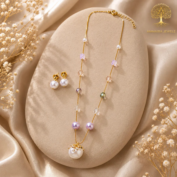 Blush Pearl Luxe Gold Crystal Mala Set with Earrings