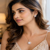 Luxury rose gold American Diamond halo pendant and stud earrings jewellery set for women with brilliant-cut stones