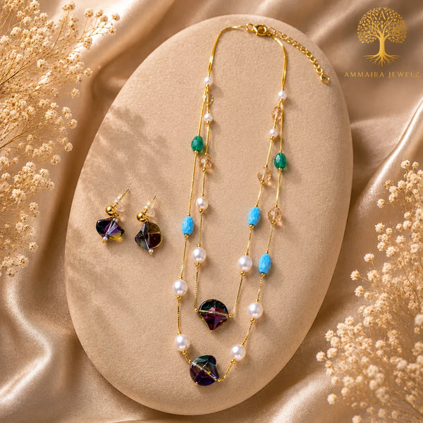 Celestia Luxe Gold Crystal & Pearl Mala Set with Earrings