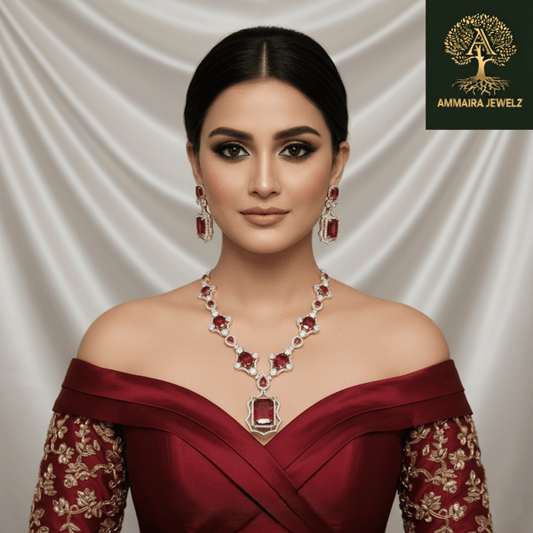 Rose gold necklace set with ruby-red oval and emerald-cut stones, diamond-inspired detailing, and matching earrings, displayed on a satin background, showcasing luxurious bridal jewellery design.