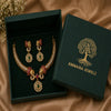 Divine Gajmukha Temple Matte Rose Gold Necklace Set with Ruby & Emerald Accents