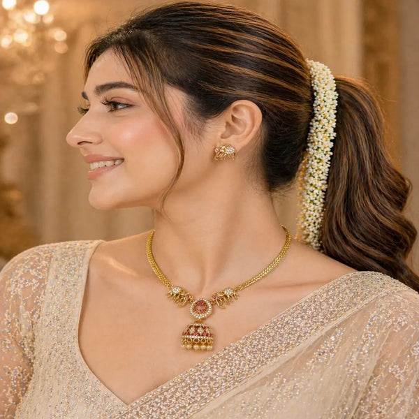 Divine Gajraj Temple Heritage Matte Rose Gold Necklace Set with Earrings