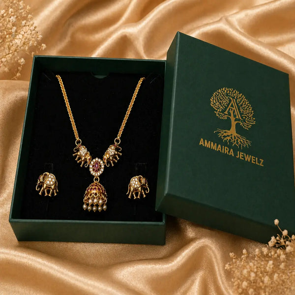 Divine Gajraj Temple Heritage Matte Rose Gold Necklace Set with Earrings