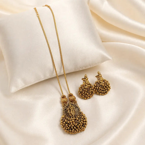 Divine Lord Krishna Temple Matte Rose Gold Necklace Set with Antique Bead Drops