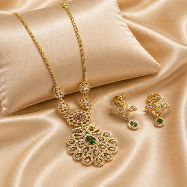 Divine Mayura Valli Temple Matte Rose Gold Necklace Set with Emerald Grace