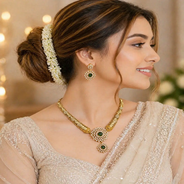 Divine Surya Prabha Temple Matte Rose Gold Necklace Set with Emerald Center