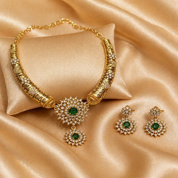 Divine Surya Prabha Temple Matte Rose Gold Necklace Set with Emerald Center