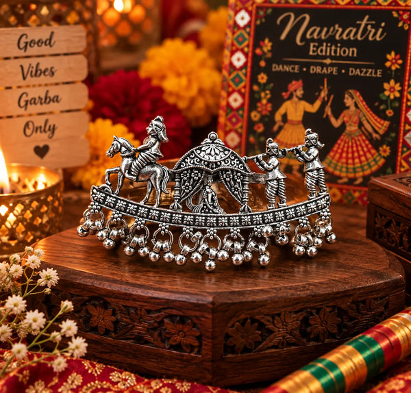 Doli Baraat Heritage alloy oxidized two-finger ring for women with traditional procession-inspired detailing and hanging bead accents