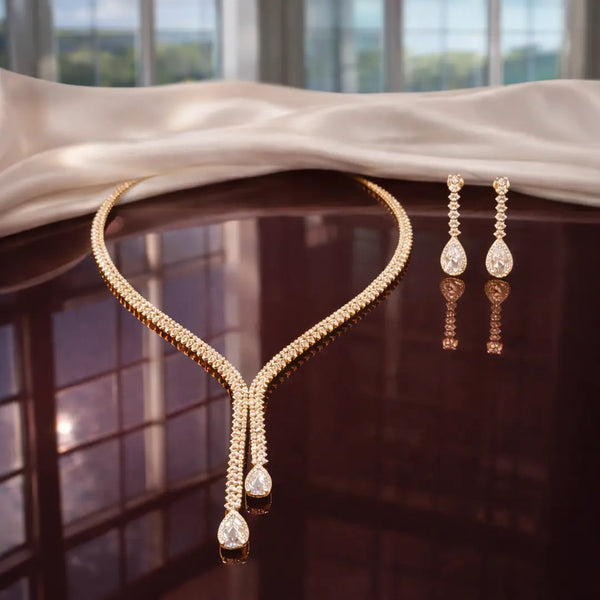 Elegant Gold Plated Bridal Necklace Set with Teardrop Earrings