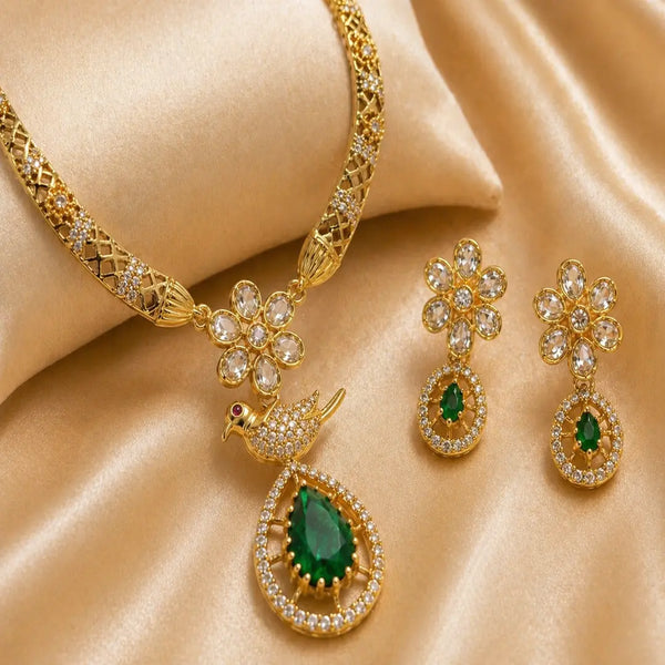 Elegant Matte Rose Gold American Diamond Peacock Necklace Set with Emerald Drop