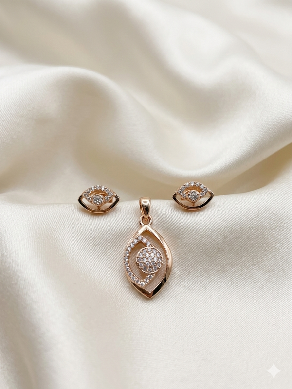 Elegant Rose Gold Polish Crystal Pendant and Stud Earrings Jewelry Set