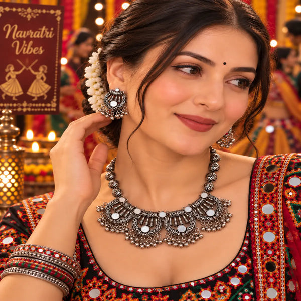 Oxidised German silver elephant motif necklace set for women with matching Jhumka earrings for Navratri