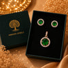 Luxury rose gold emerald green American Diamond halo pendant and stud earrings set for women