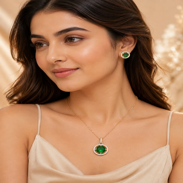 Luxury rose gold emerald green American Diamond halo pendant and stud earrings set for women