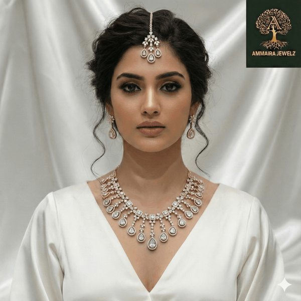 Rose gold bridal necklace set with pear-cut diamond-inspired cascading drops, matching earrings, and coordinating maang tikka, displayed on a black jewellery stand against a satin backdrop.