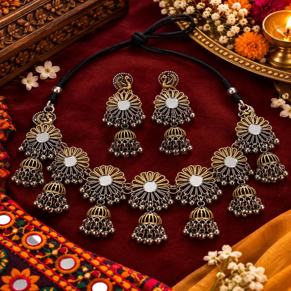 Floral jhumka oxidised necklace set with intricate motifs and dangling bead details for women