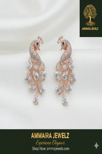 Ammaira's The Mayura Dance Drops: Rose Gold Peacock Statement Earrings - Ammaira Jewelz
