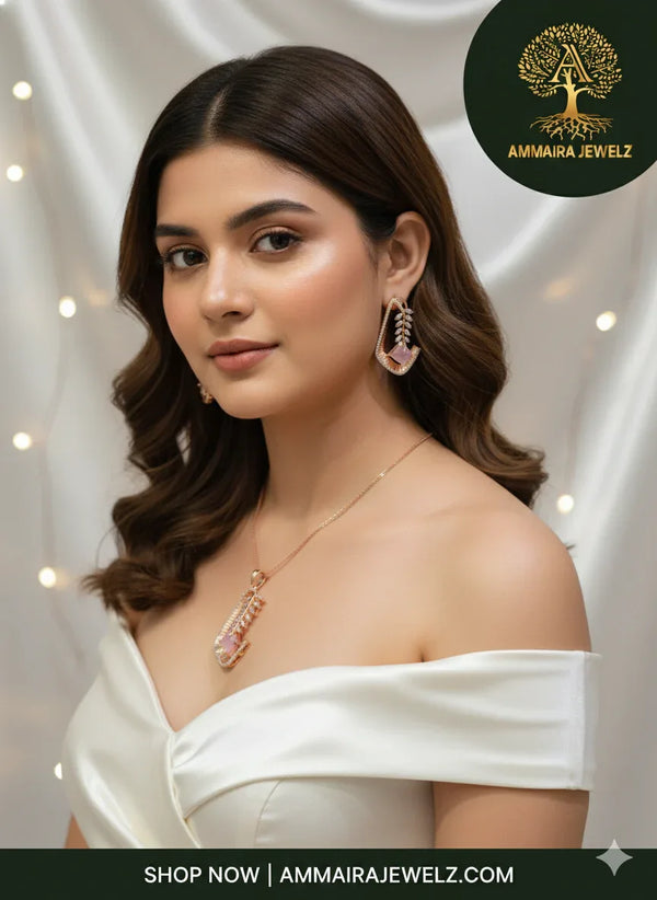 Ammaira's Ethereal Leaf Pendant Set with Baby Pink Stone - Ammaira Jewelz