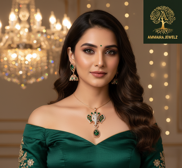 Ammaira's Ganesh Themed Rose Gold Polish Pendent Set Emerald Green