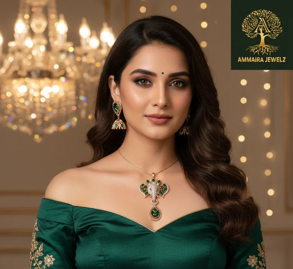 Ammaira's Ganesh Themed Rose Gold Polish Pendent Set Emerald Green - Ammaira Jewelz