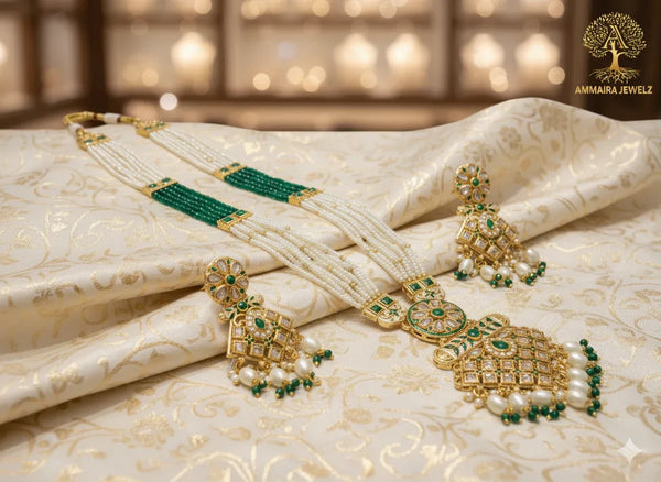 Ammaira’s Heritage Polki Kundan Emerald & Pearl Necklace Set ✨ - Ammaira Jewelz