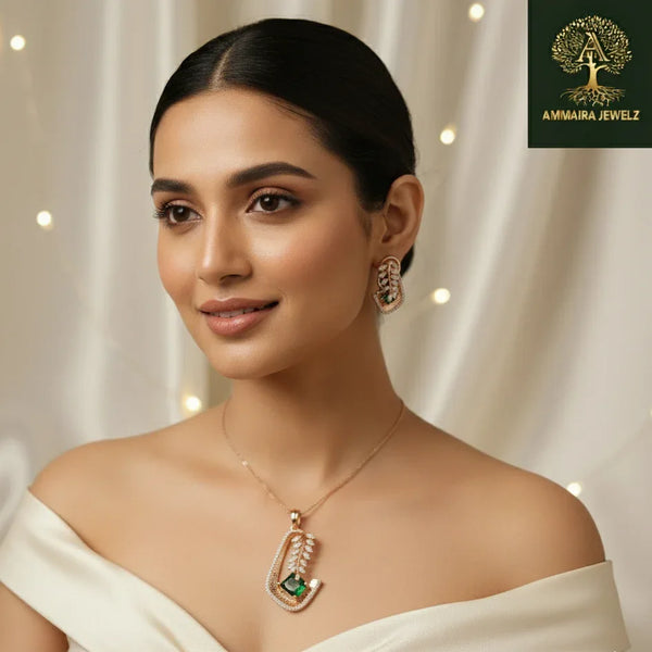 Ammaira's Ethereal Leaf Pendant Set with Emerald Green Stone - Ammaira Jewelz