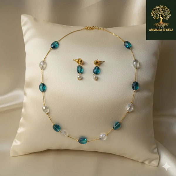 Ammaira's Fancy High Gold Polish Teal Crystal Mala Chic Set - Ammaira Jewelz