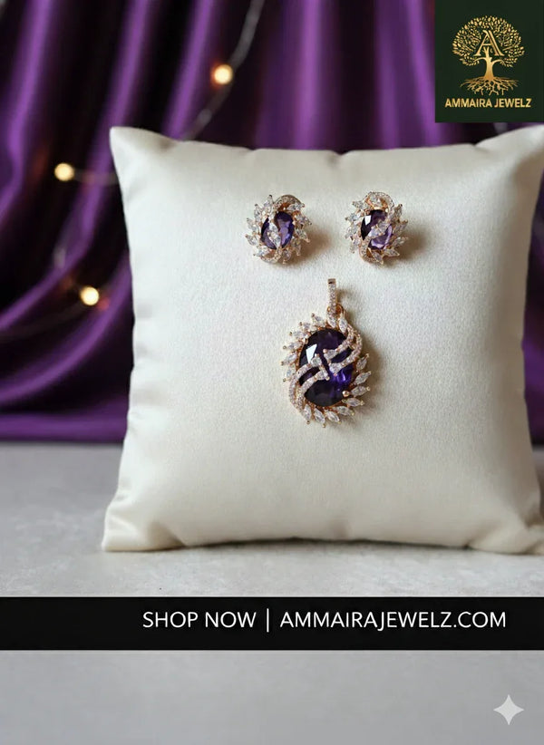 AMMAIRA'S AMETHYST AURA SET: Violet & Rose Gold Cluster Pendant & Earrings - Ammaira Jewelz