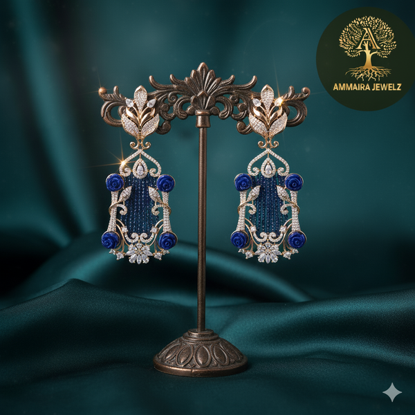 Ammaira's Royal Azure Drops: Baroque Chandelier Earrings with Pavé Roses